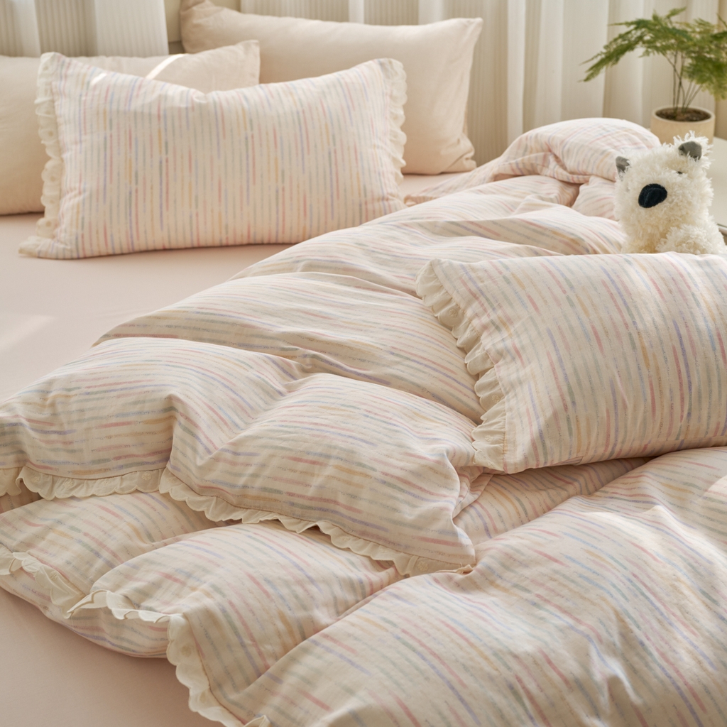 91家纺网 家纺一手货源 找家纺 洋铭区（原狠狠爱） 2025新款花边全棉双层纱四件套 缤纷彩虹