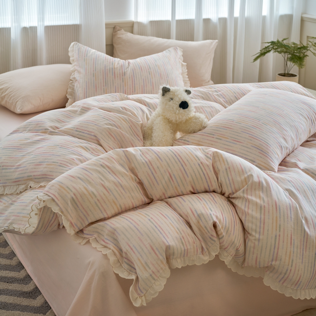 91家纺网 家纺一手货源 找家纺 洋铭区（原狠狠爱） 2025新款花边全棉双层纱四件套 缤纷彩虹