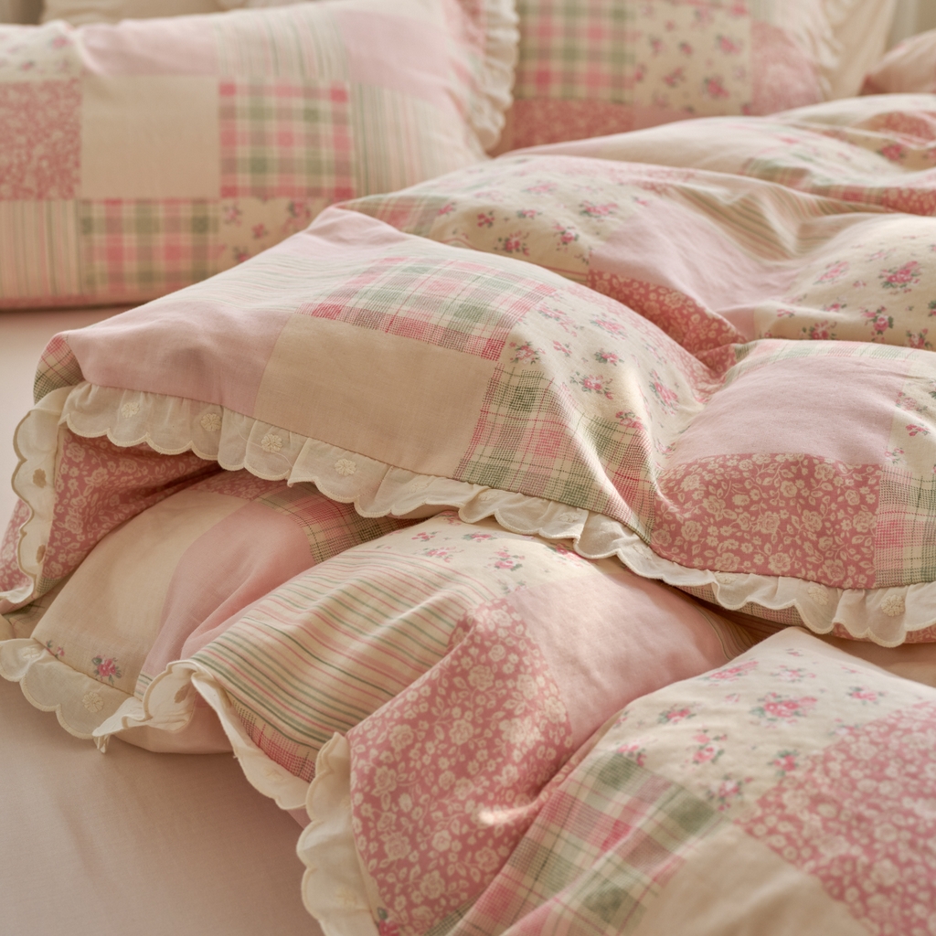 91家纺网 家纺一手货源 找家纺 洋铭区（原狠狠爱） 2025新款花边全棉双层纱四件套 花茶粉格