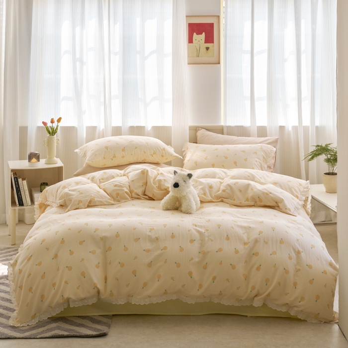 91家纺网 家纺一手货源 找家纺 洋铭区（原狠狠爱） 2025新款花边全棉双层纱四件套 菠萝蜜