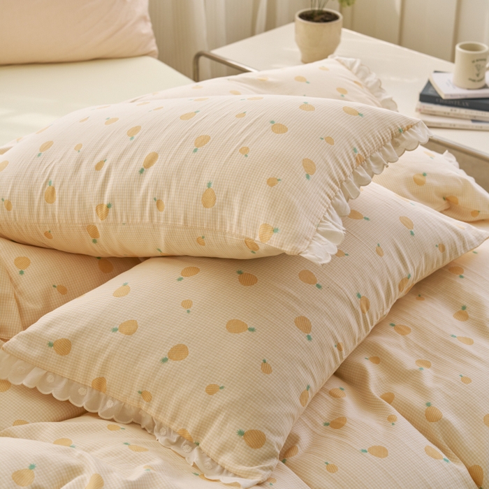 91家纺网 家纺一手货源 找家纺 洋铭区（原狠狠爱） 2025新款花边全棉双层纱四件套 菠萝蜜