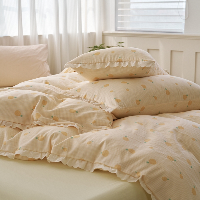 91家纺网 家纺一手货源 找家纺 洋铭区（原狠狠爱） 2025新款花边全棉双层纱四件套 菠萝蜜