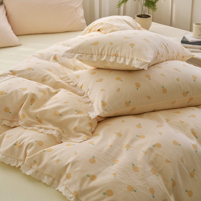 91家纺网 家纺一手货源 找家纺 洋铭区（原狠狠爱） 2025新款花边全棉双层纱四件套 菠萝蜜