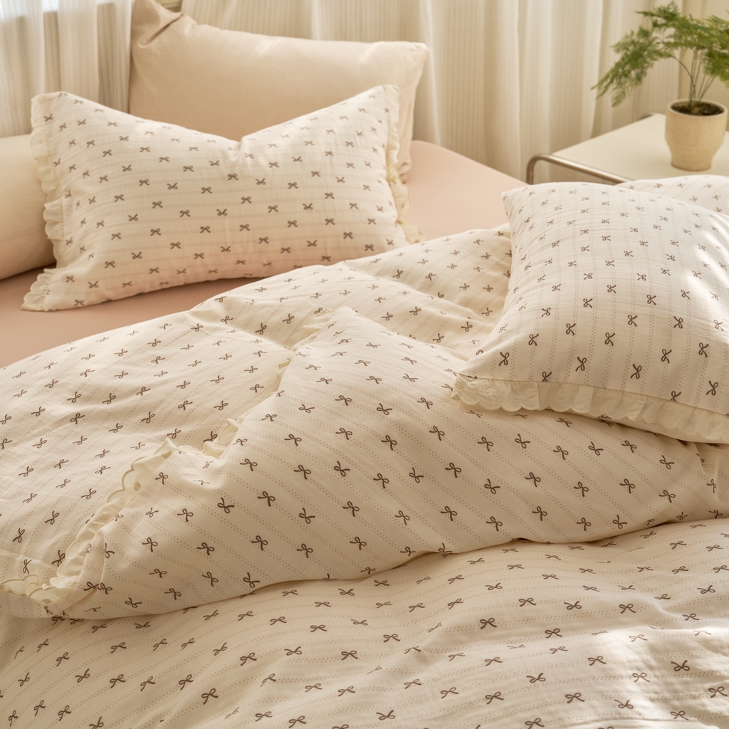 91家纺网 家纺一手货源 找家纺 洋铭区（原狠狠爱） 2025新款花边全棉双层纱四件套 拿铁蝴蝶结