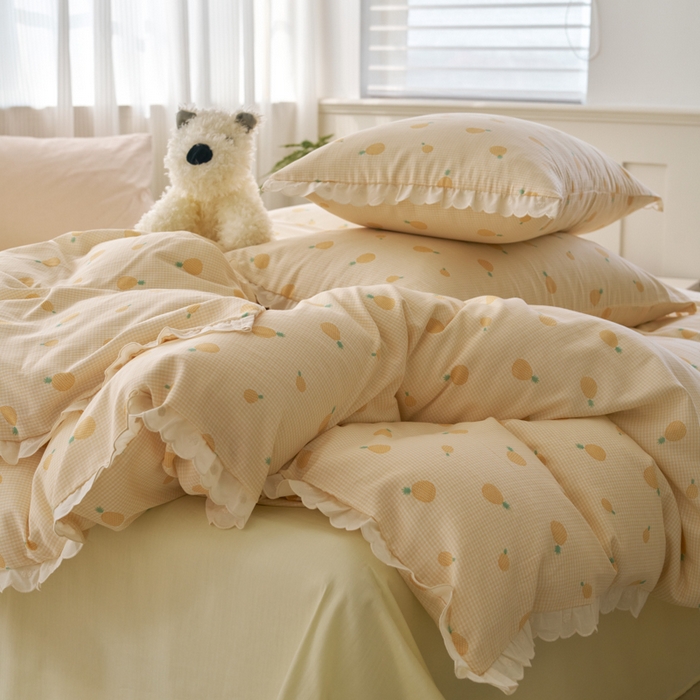 91家纺网 家纺一手货源 找家纺 洋铭区（原狠狠爱） 2025新款花边全棉双层纱四件套 菠萝蜜