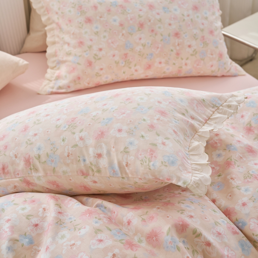 91家纺网 家纺一手货源 找家纺 洋铭区（原狠狠爱） 2025新款花边全棉双层纱四件套 山茶粉花