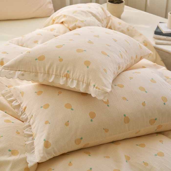 91家纺网 家纺一手货源 找家纺 洋铭区（原狠狠爱） 2025新款花边全棉双层纱四件套 菠萝蜜