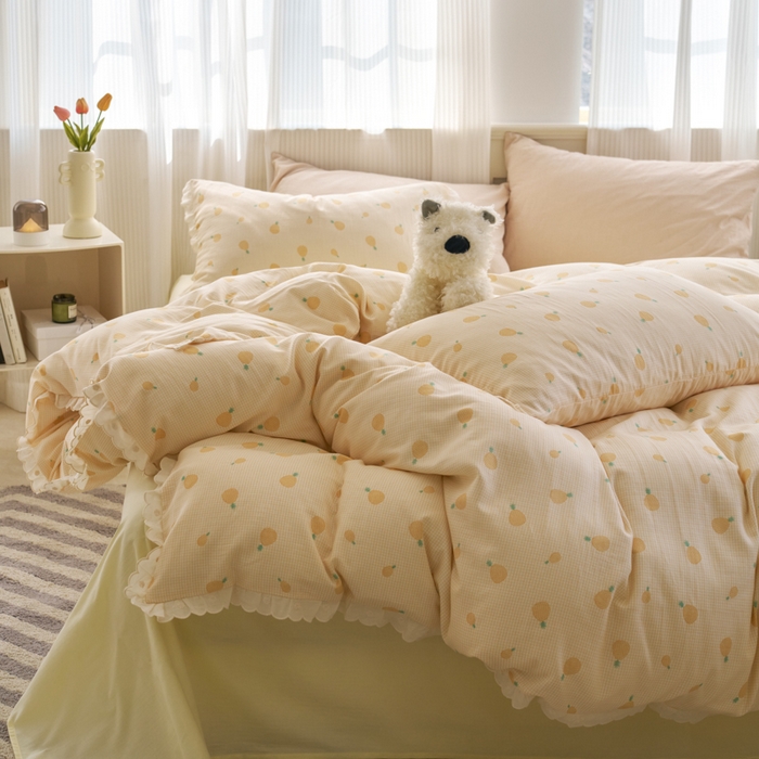 91家纺网 家纺一手货源 找家纺 洋铭区（原狠狠爱） 2025新款花边全棉双层纱四件套 菠萝蜜