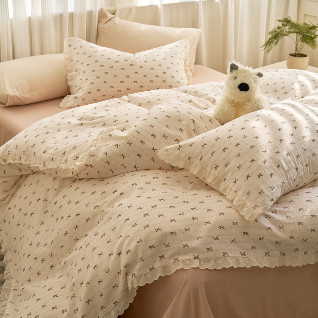 91家纺网 家纺一手货源 找家纺 洋铭区（原狠狠爱） 2025新款花边全棉双层纱四件套 拿铁蝴蝶结