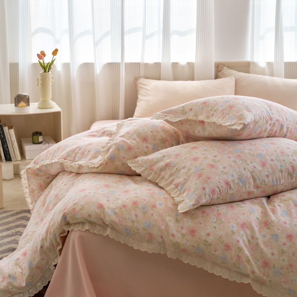 91家纺网 家纺一手货源 找家纺 洋铭区（原狠狠爱） 2025新款花边全棉双层纱四件套 山茶粉花