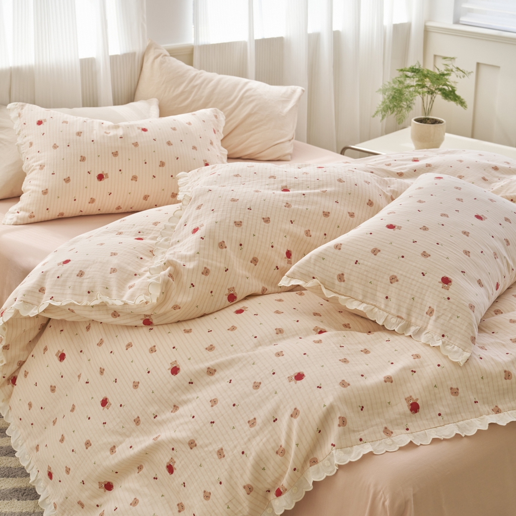 洋铭区（原狠狠爱） 2025新款花边全棉双层纱四件套 红果小熊