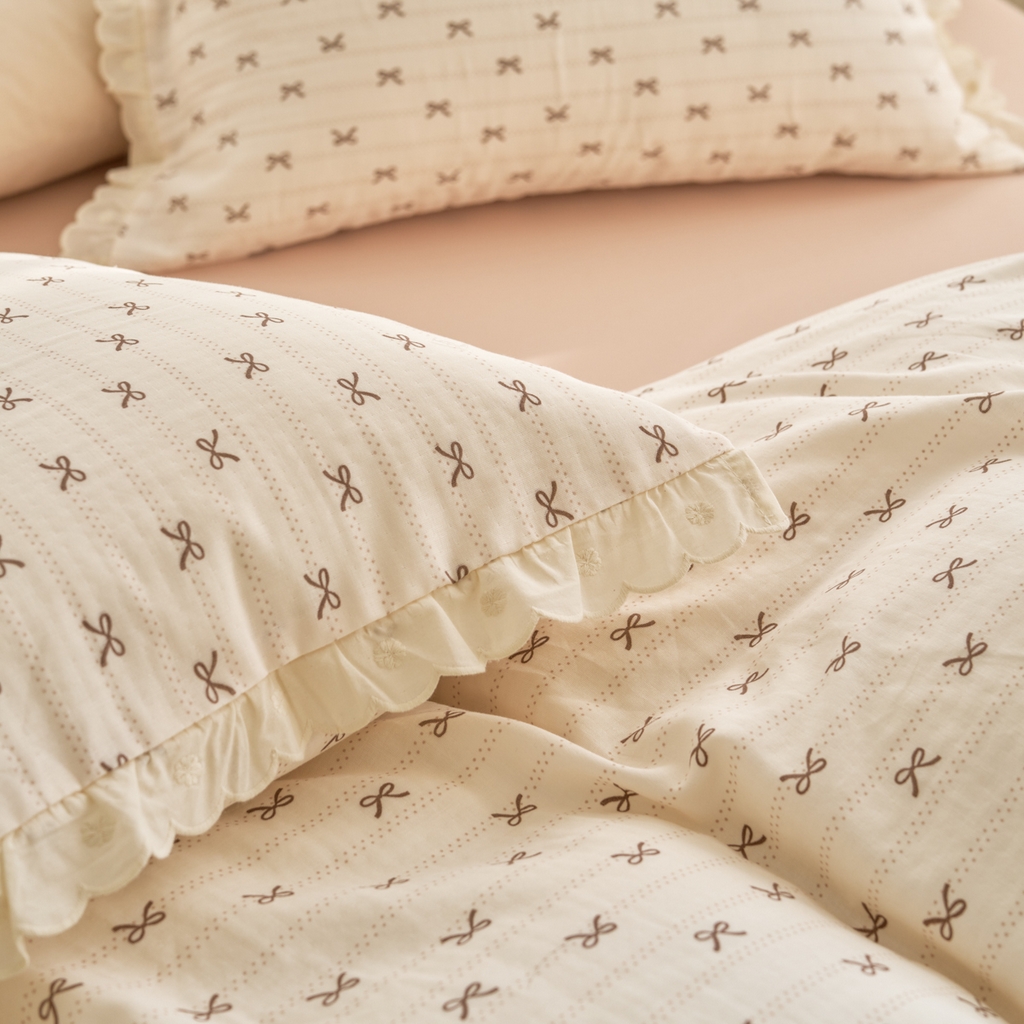 91家纺网 家纺一手货源 找家纺 洋铭区（原狠狠爱） 2025新款花边全棉双层纱四件套 拿铁蝴蝶结