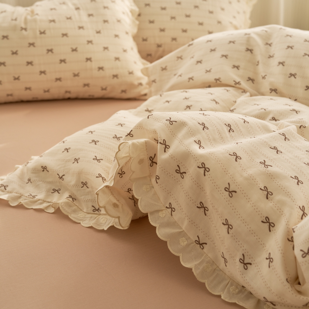 91家纺网 家纺一手货源 找家纺 洋铭区（原狠狠爱） 2025新款花边全棉双层纱四件套 拿铁蝴蝶结