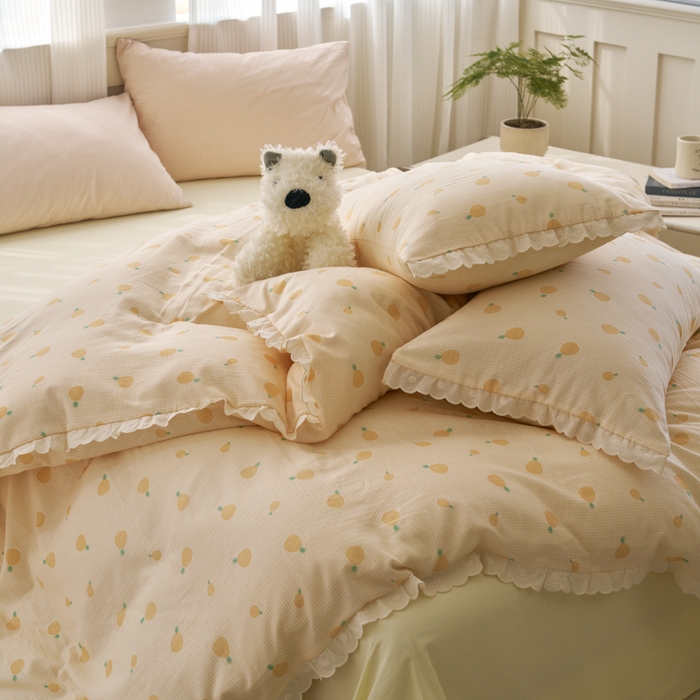 91家纺网 家纺一手货源 找家纺 洋铭区（原狠狠爱） 2025新款花边全棉双层纱四件套 菠萝蜜