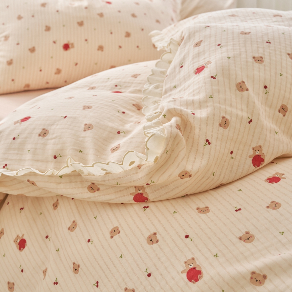 91家纺网 家纺一手货源 找家纺 洋铭区（原狠狠爱） 2025新款花边全棉双层纱四件套 红果小熊