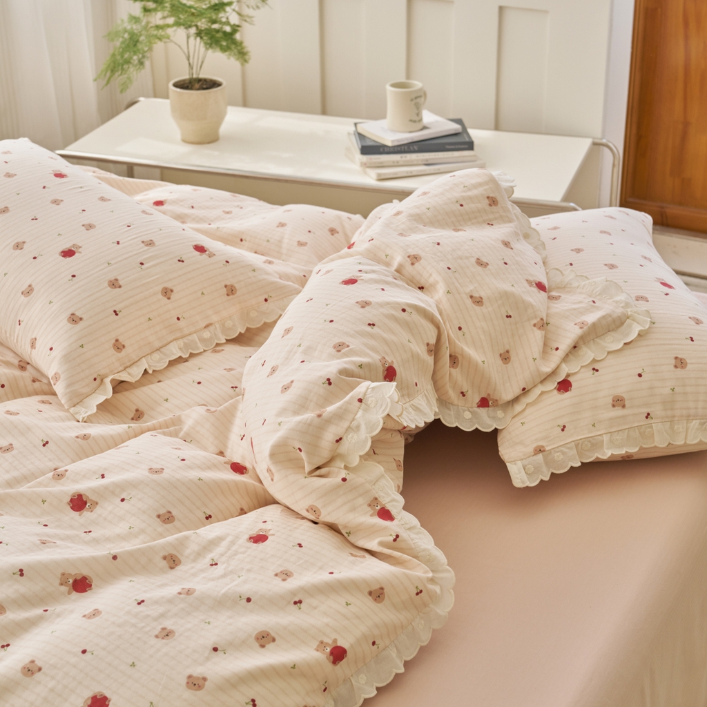 91家纺网 家纺一手货源 找家纺 洋铭区（原狠狠爱） 2025新款花边全棉双层纱四件套 红果小熊