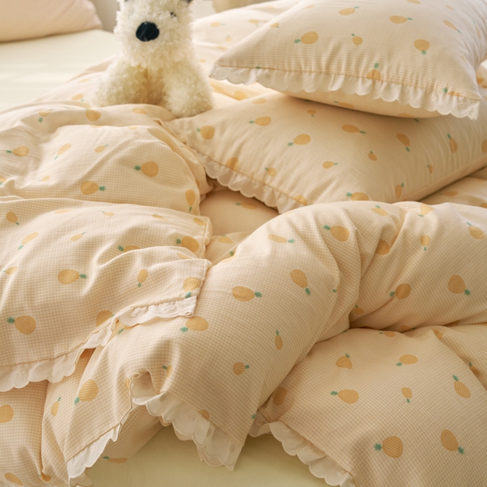 91家纺网 家纺一手货源 找家纺 洋铭区（原狠狠爱） 2025新款花边全棉双层纱四件套 菠萝蜜