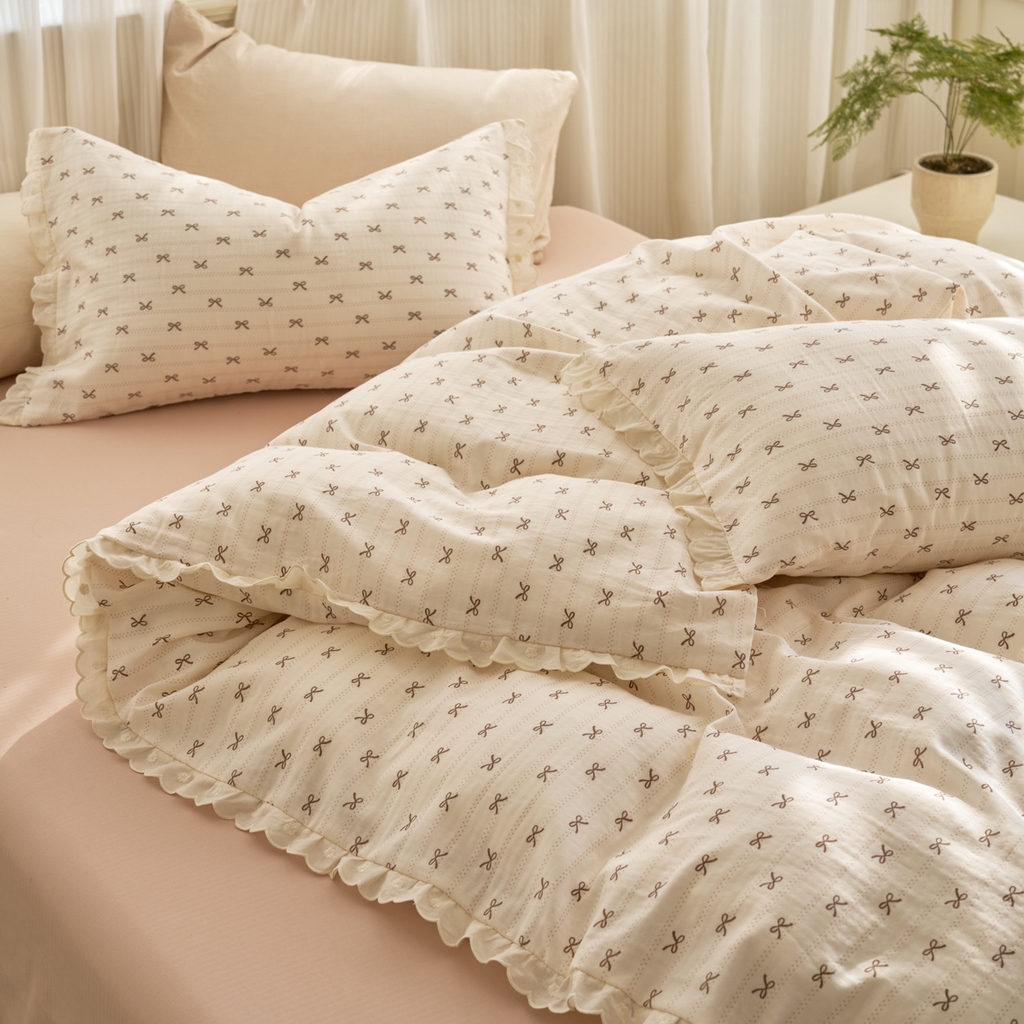 91家纺网 家纺一手货源 找家纺 洋铭区（原狠狠爱） 2025新款花边全棉双层纱四件套 拿铁蝴蝶结