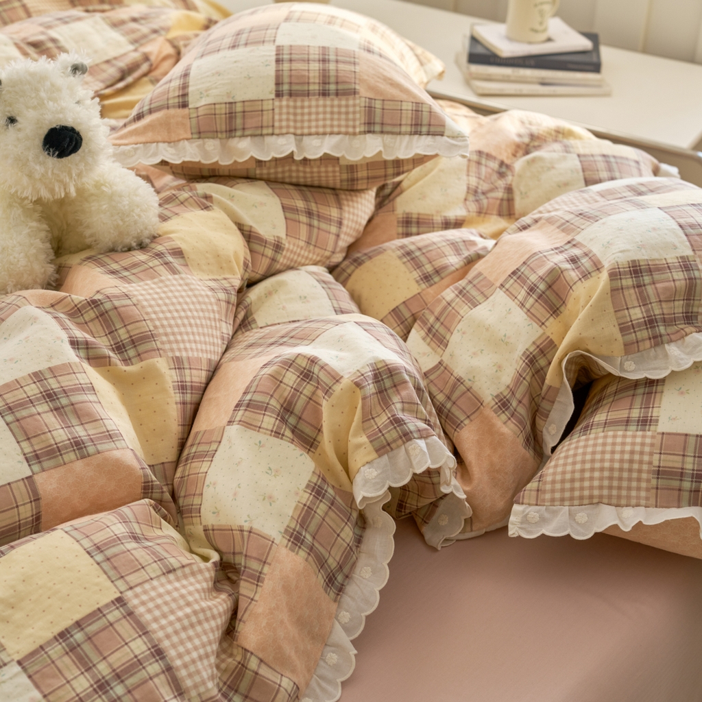 91家纺网 家纺一手货源 找家纺 洋铭区（原狠狠爱） 2025新款花边全棉双层纱四件套 罗马咖格