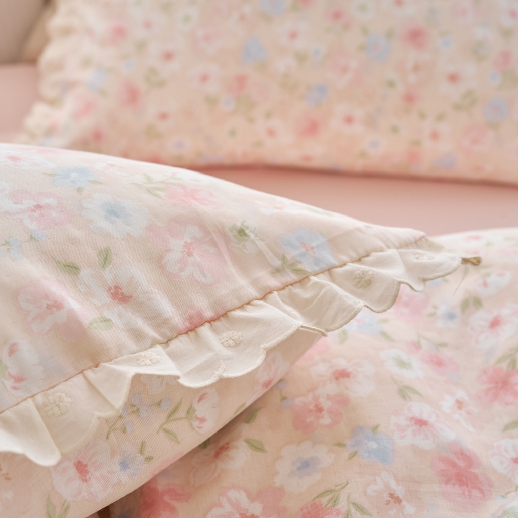 91家纺网 家纺一手货源 找家纺 洋铭区（原狠狠爱） 2025新款花边全棉双层纱四件套 山茶粉花