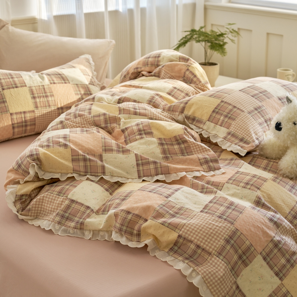 91家纺网 家纺一手货源 找家纺 洋铭区（原狠狠爱） 2025新款花边全棉双层纱四件套 罗马咖格