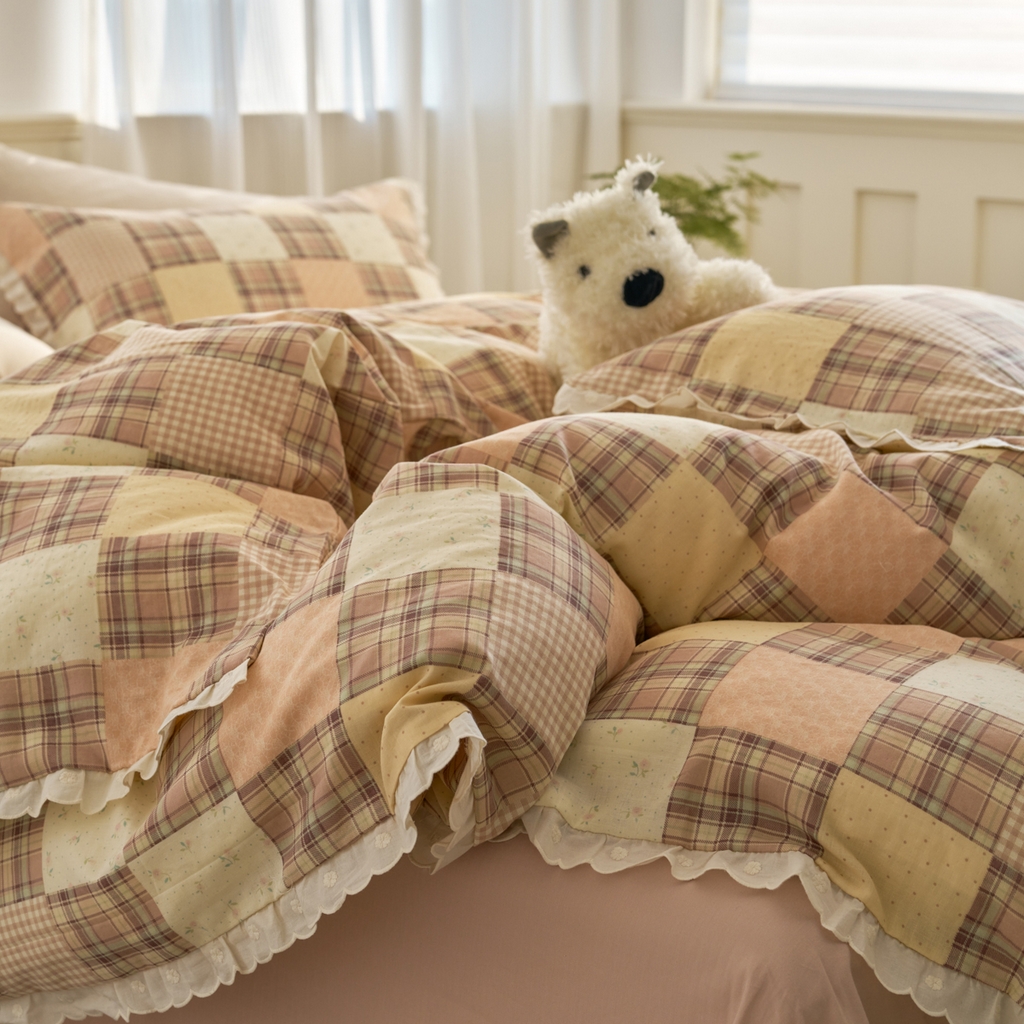 91家纺网 家纺一手货源 找家纺 洋铭区（原狠狠爱） 2025新款花边全棉双层纱四件套 罗马咖格