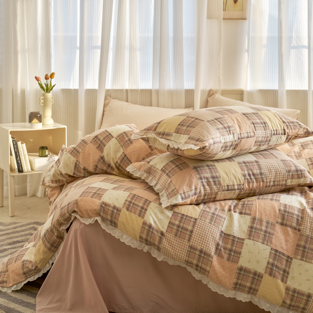 91家纺网 家纺一手货源 找家纺 洋铭区（原狠狠爱） 2025新款花边全棉双层纱四件套 罗马咖格