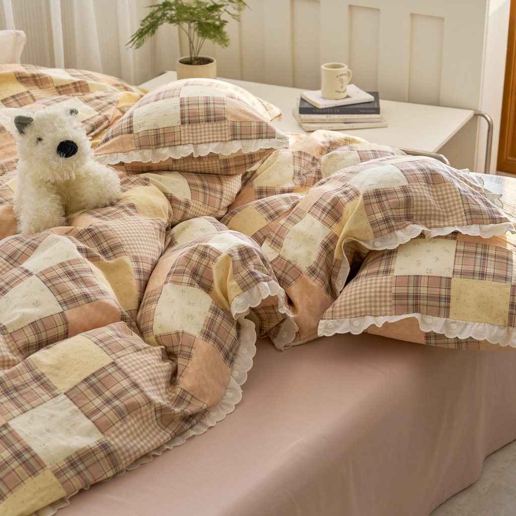 91家纺网 家纺一手货源 找家纺 洋铭区（原狠狠爱） 2025新款花边全棉双层纱四件套 罗马咖格