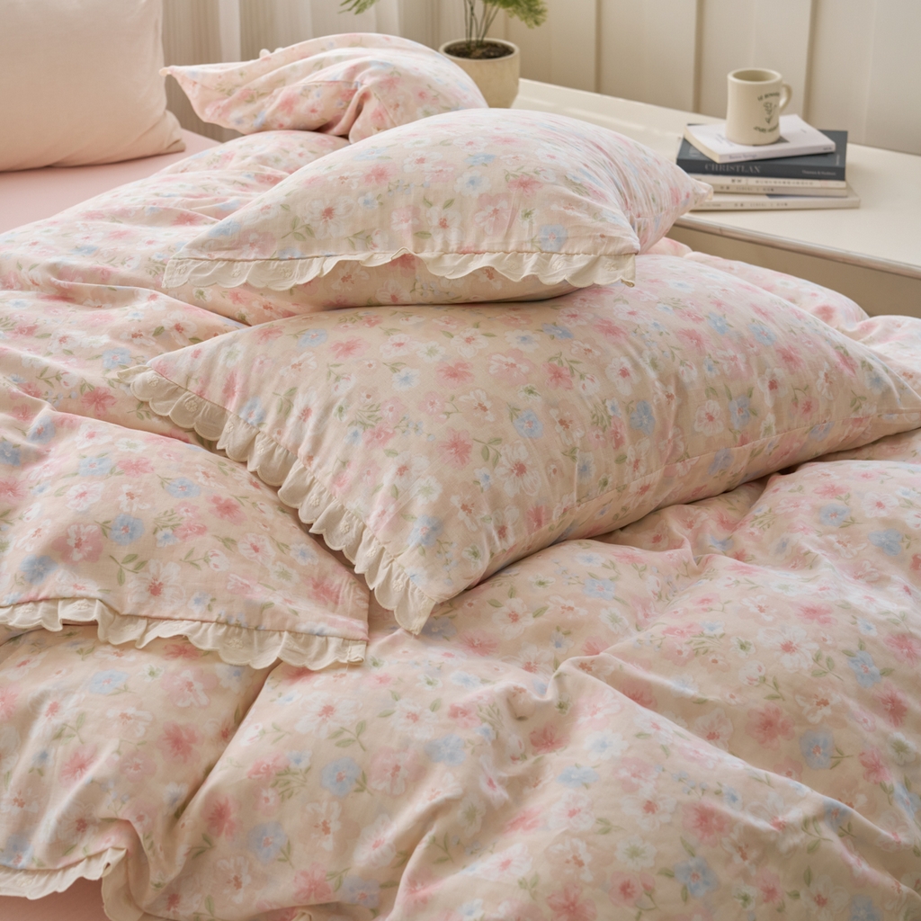 91家纺网 家纺一手货源 找家纺 洋铭区（原狠狠爱） 2025新款花边全棉双层纱四件套 山茶粉花