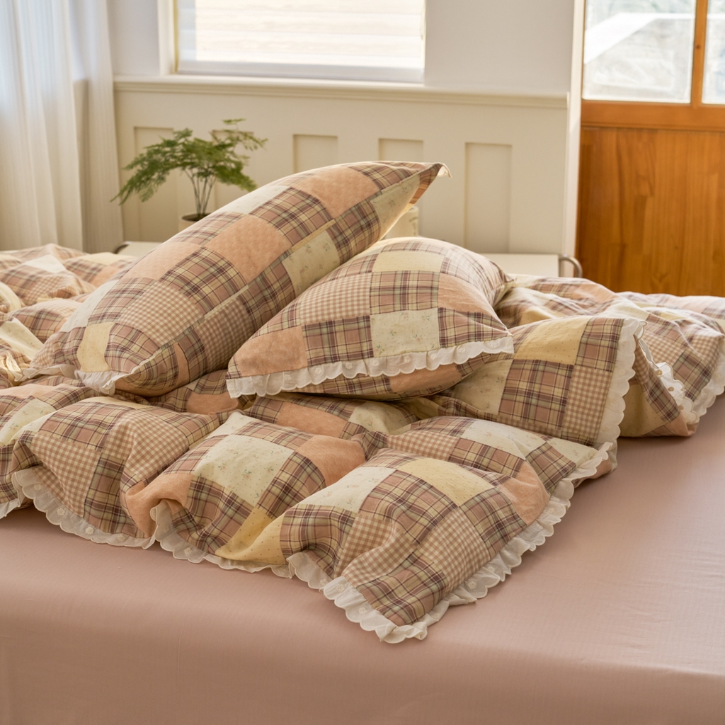 91家纺网 家纺一手货源 找家纺 洋铭区（原狠狠爱） 2025新款花边全棉双层纱四件套 罗马咖格