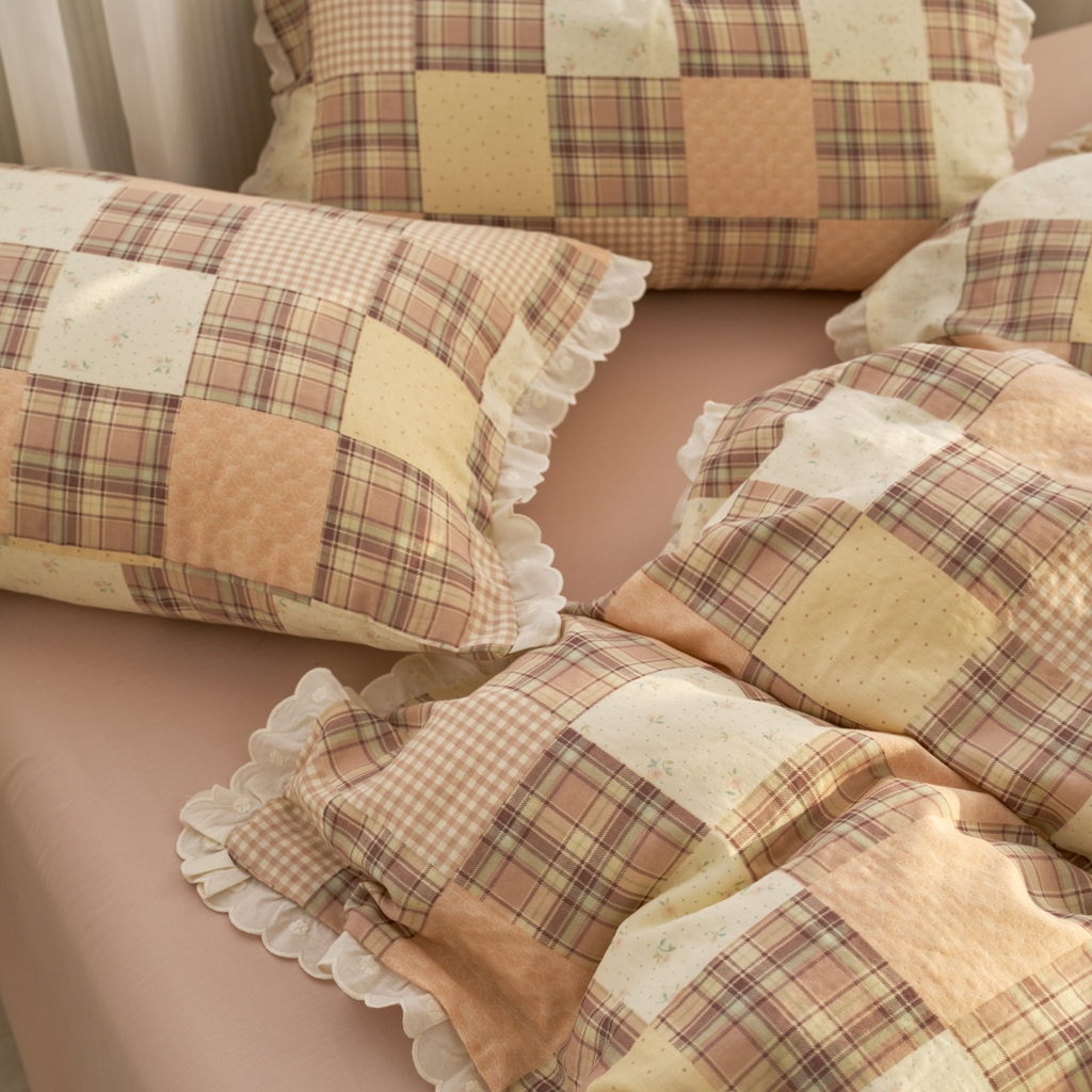 91家纺网 家纺一手货源 找家纺 洋铭区（原狠狠爱） 2025新款花边全棉双层纱四件套 罗马咖格