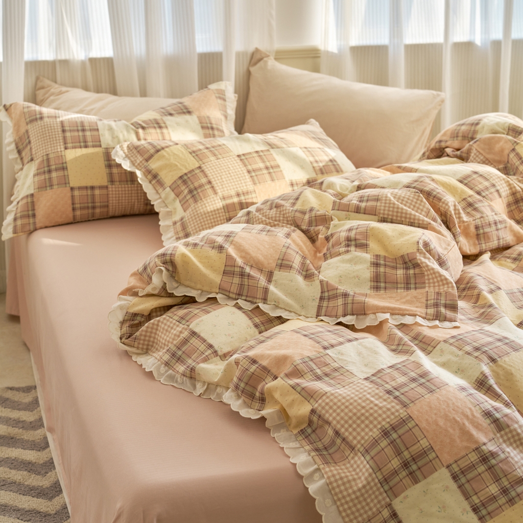 91家纺网 家纺一手货源 找家纺 洋铭区（原狠狠爱） 2025新款花边全棉双层纱四件套 罗马咖格