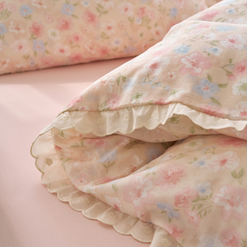 91家纺网 家纺一手货源 找家纺 洋铭区（原狠狠爱） 2025新款花边全棉双层纱四件套 山茶粉花