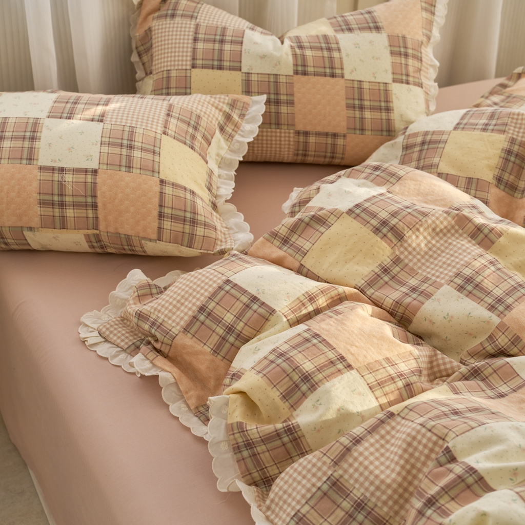 91家纺网 家纺一手货源 找家纺 洋铭区（原狠狠爱） 2025新款花边全棉双层纱四件套 罗马咖格