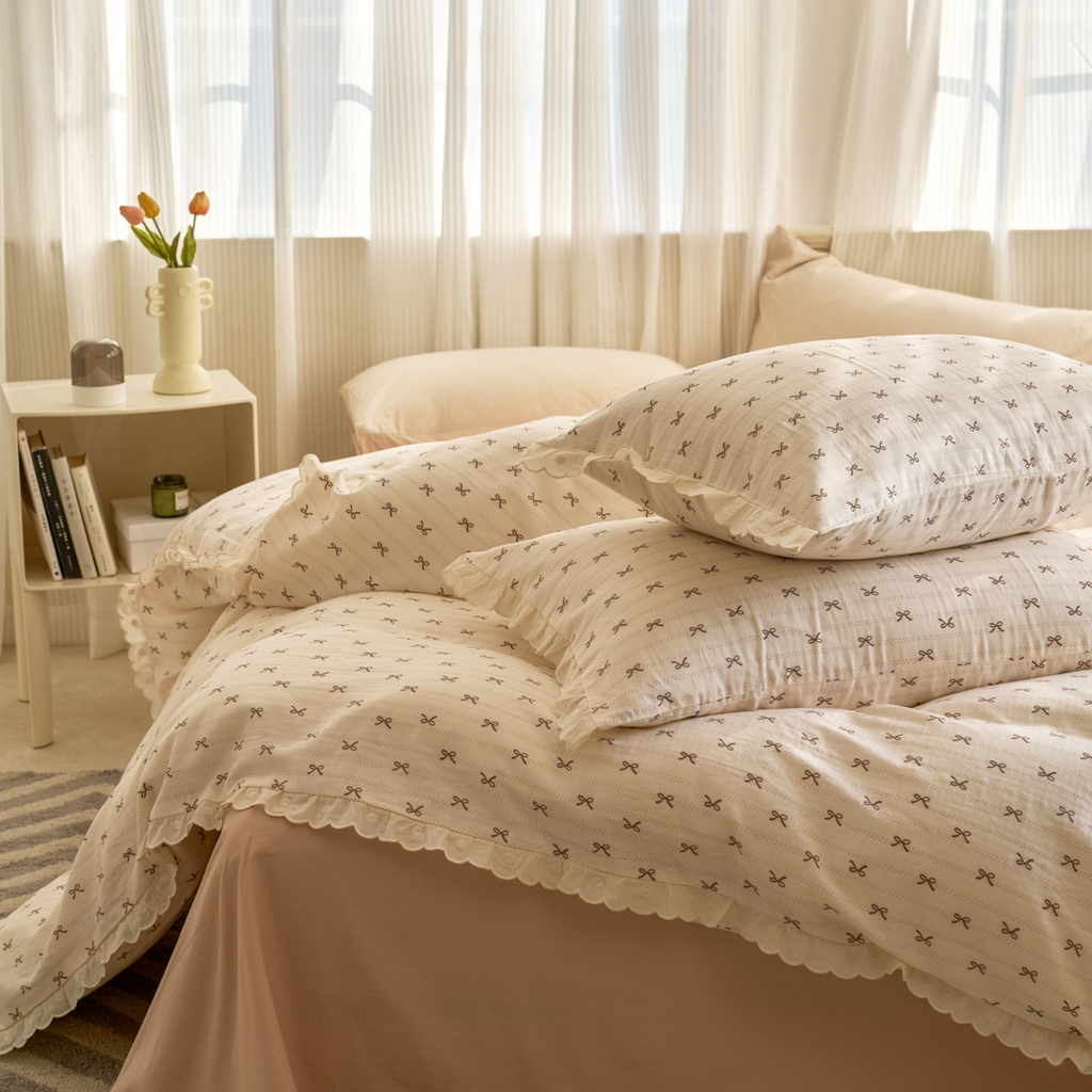 91家纺网 家纺一手货源 找家纺 洋铭区（原狠狠爱） 2025新款花边全棉双层纱四件套 拿铁蝴蝶结