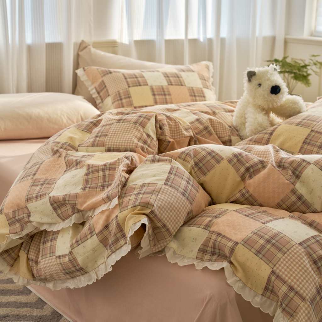 洋铭区（原狠狠爱） 2025新款花边全棉双层纱四件套 罗马咖格