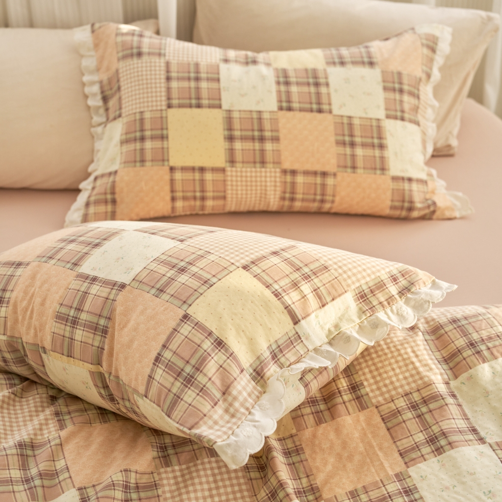 91家纺网 家纺一手货源 找家纺 洋铭区（原狠狠爱） 2025新款花边全棉双层纱四件套 罗马咖格