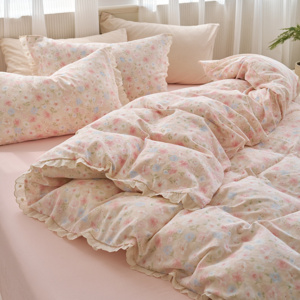 91家纺网 家纺一手货源 找家纺 洋铭区（原狠狠爱） 2025新款花边全棉双层纱四件套 山茶粉花