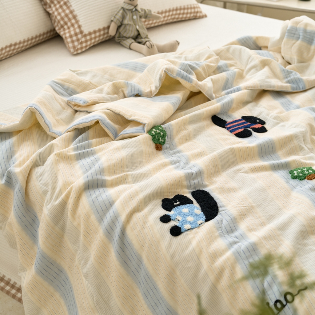 91家纺网 家纺一手货源 找家纺 洋铭区（原狠狠爱） 2025新款双层纱毛巾绣夏被夏凉被空调被 告白小猫