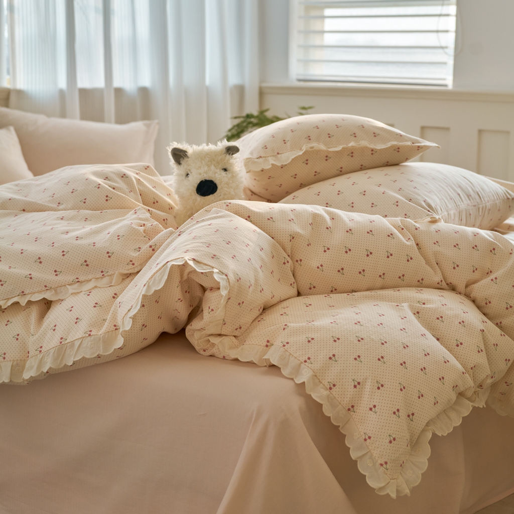 91家纺网 家纺一手货源 找家纺 洋铭区（原狠狠爱） 2025新款花边全棉双层纱四件套 樱桃甜心