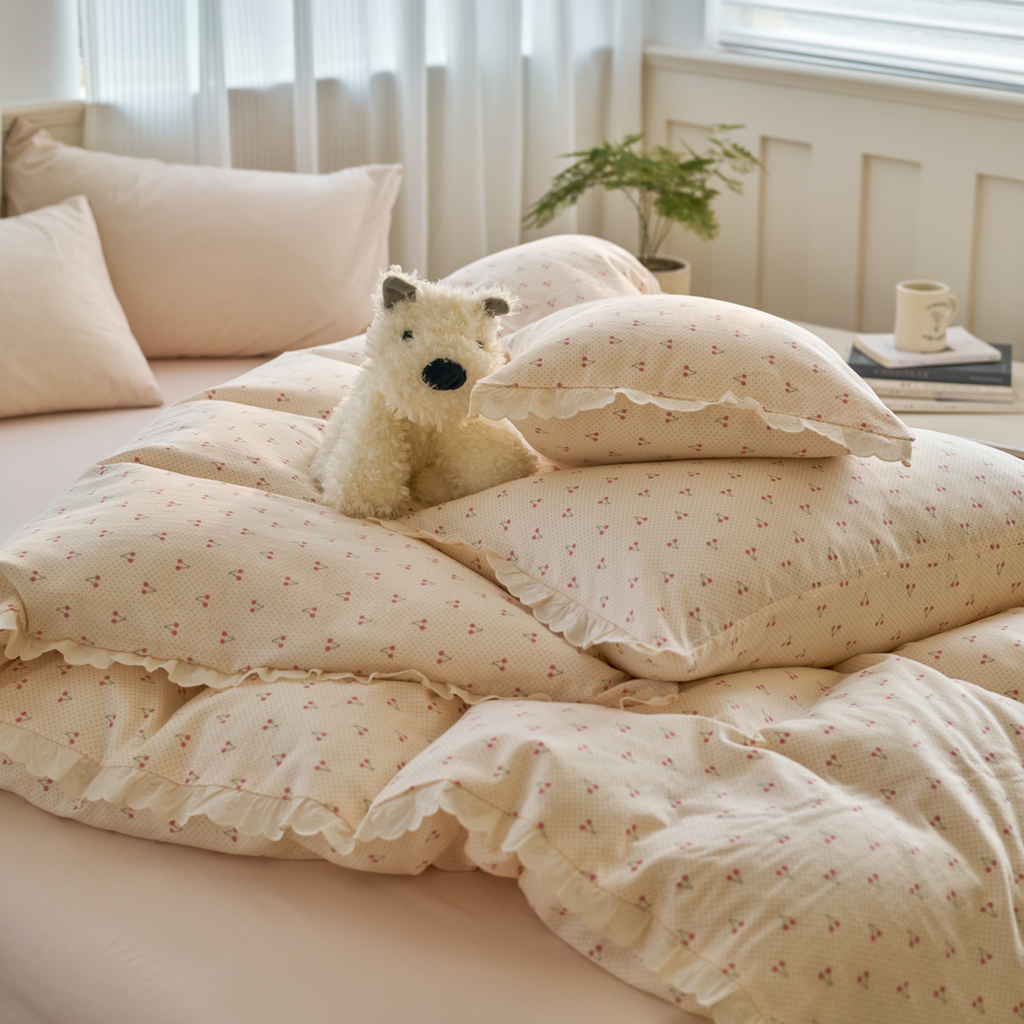 91家纺网 家纺一手货源 找家纺 洋铭区（原狠狠爱） 2025新款花边全棉双层纱四件套 樱桃甜心