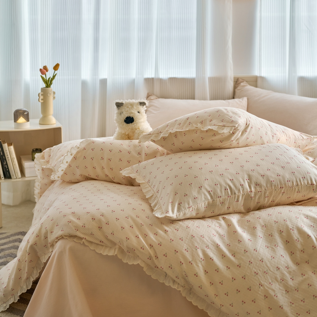 91家纺网 家纺一手货源 找家纺 洋铭区（原狠狠爱） 2025新款花边全棉双层纱四件套 樱桃甜心