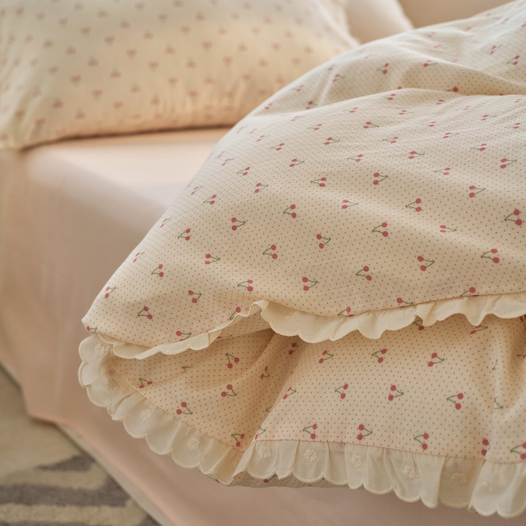 91家纺网 家纺一手货源 找家纺 洋铭区（原狠狠爱） 2025新款花边全棉双层纱四件套 樱桃甜心