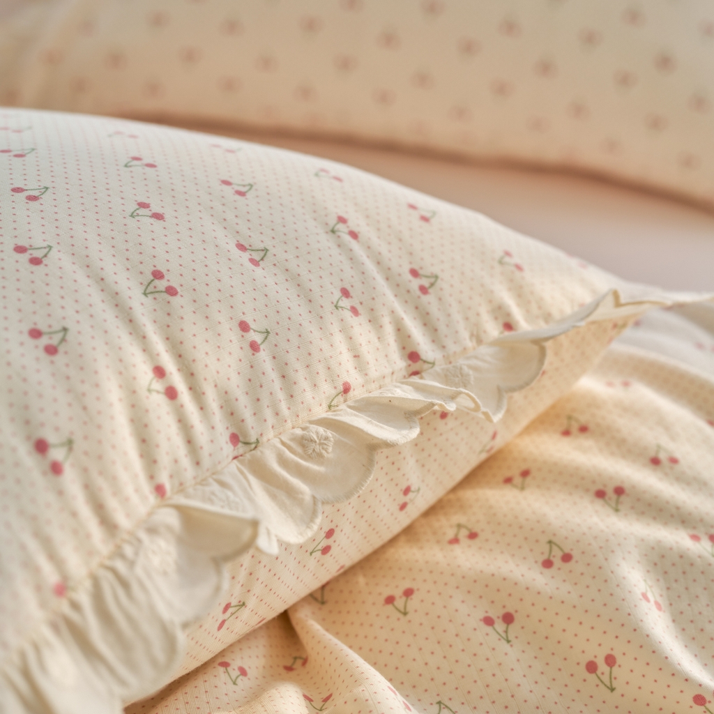 91家纺网 家纺一手货源 找家纺 洋铭区（原狠狠爱） 2025新款花边全棉双层纱四件套 樱桃甜心