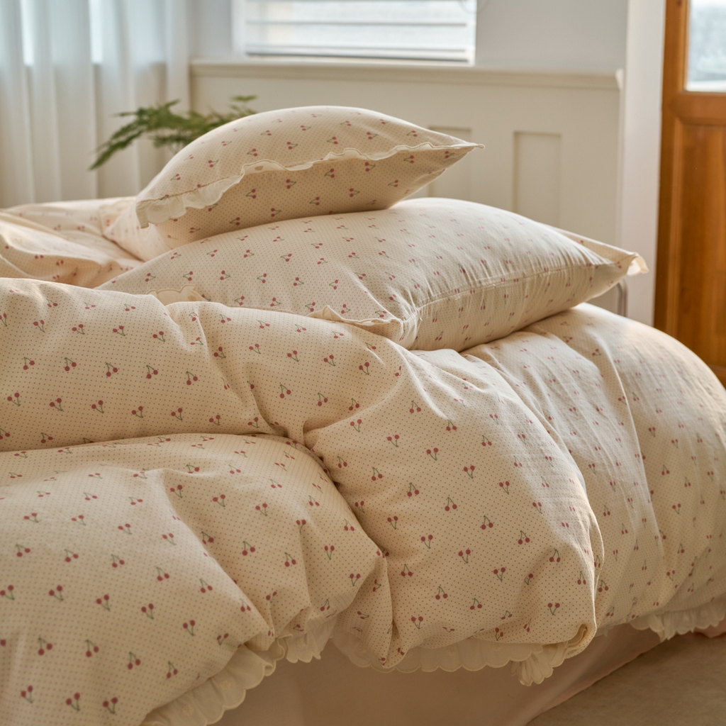 91家纺网 家纺一手货源 找家纺 洋铭区（原狠狠爱） 2025新款花边全棉双层纱四件套 樱桃甜心