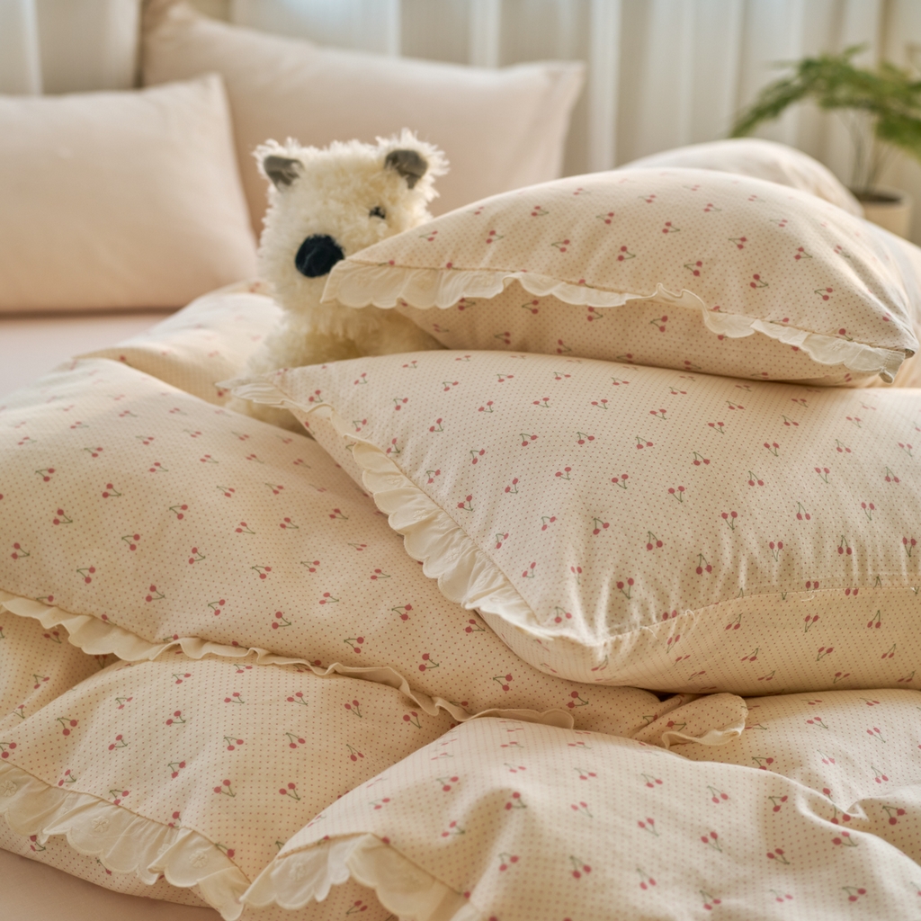 91家纺网 家纺一手货源 找家纺 洋铭区（原狠狠爱） 2025新款花边全棉双层纱四件套 樱桃甜心