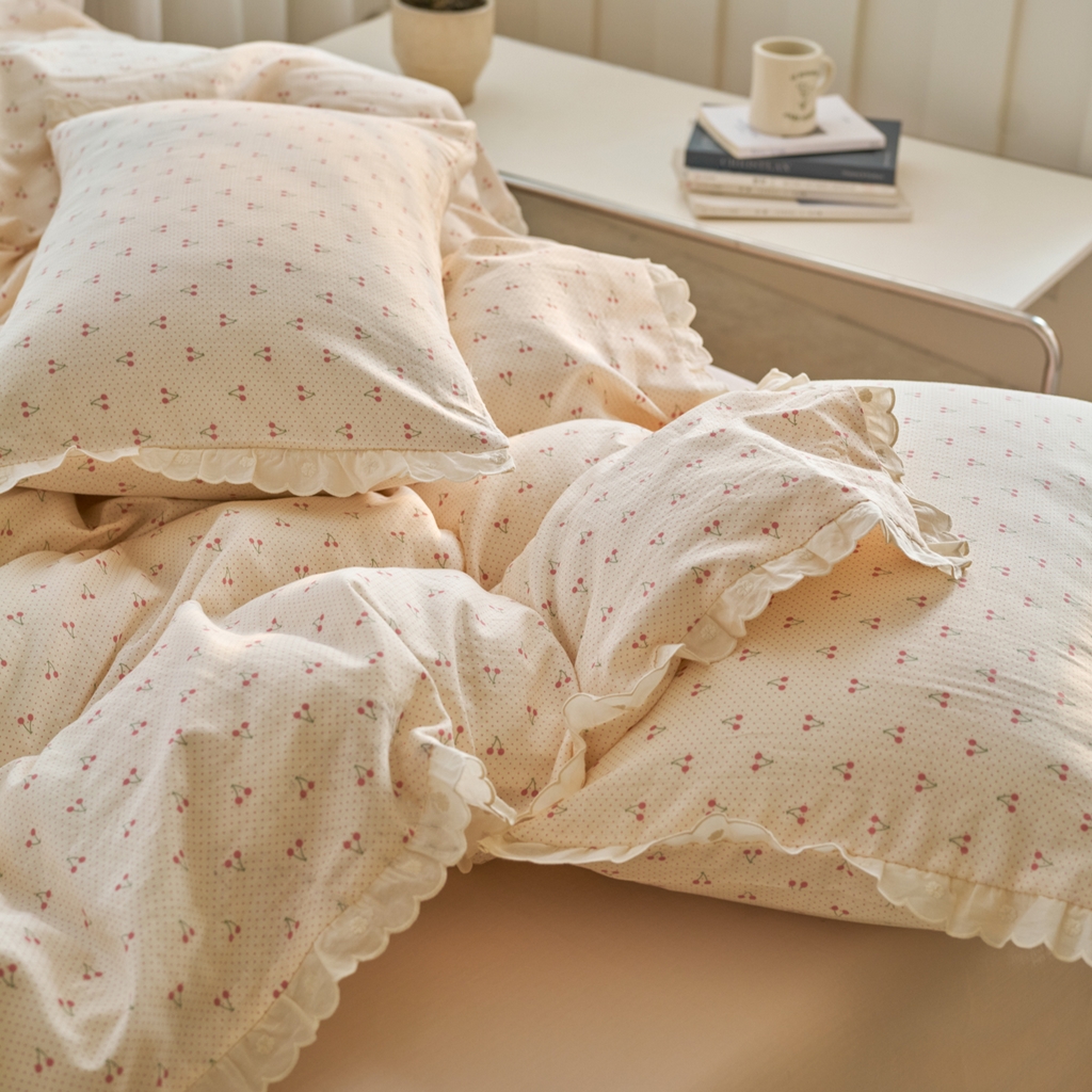 91家纺网 家纺一手货源 找家纺 洋铭区（原狠狠爱） 2025新款花边全棉双层纱四件套 樱桃甜心