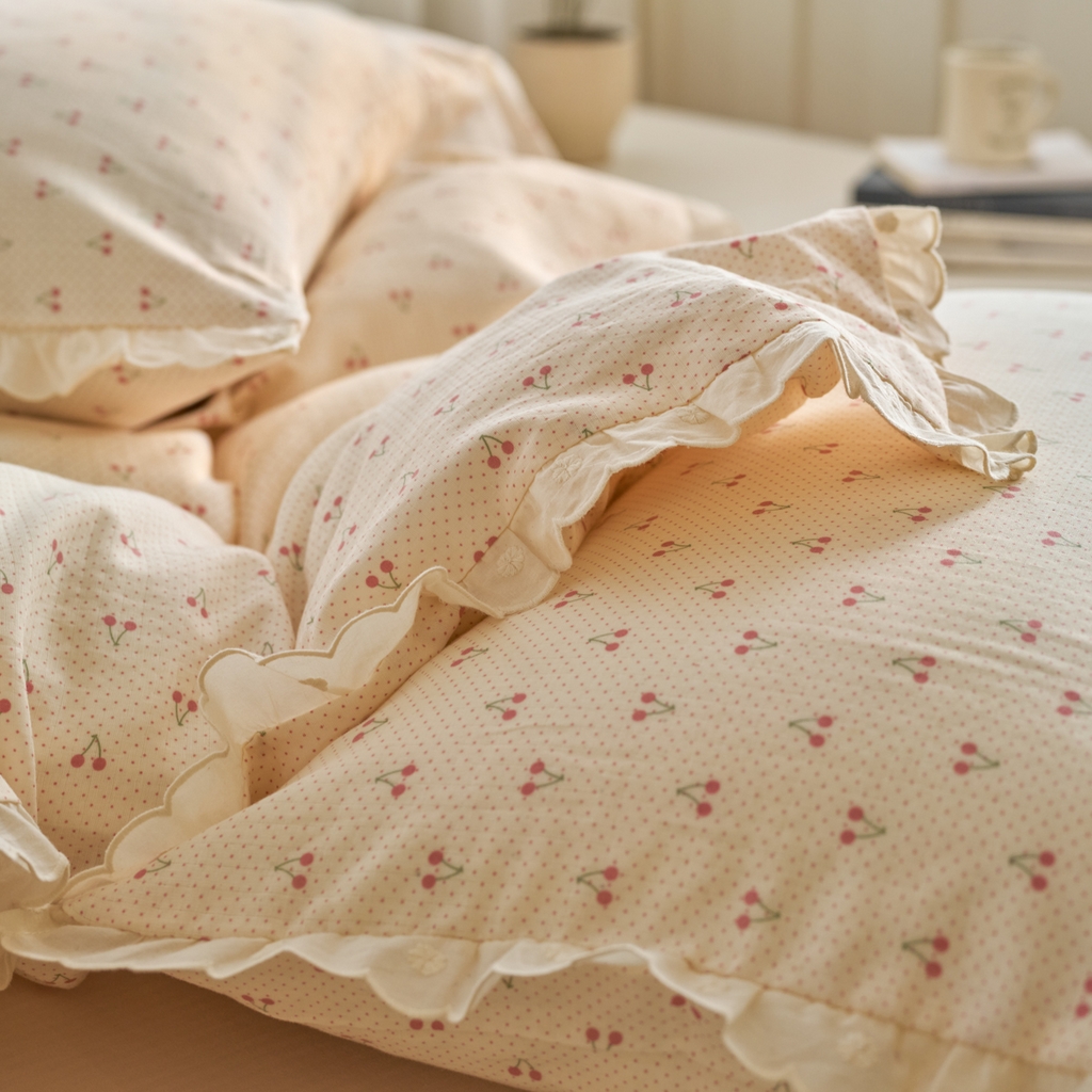 91家纺网 家纺一手货源 找家纺 洋铭区（原狠狠爱） 2025新款花边全棉双层纱四件套 樱桃甜心