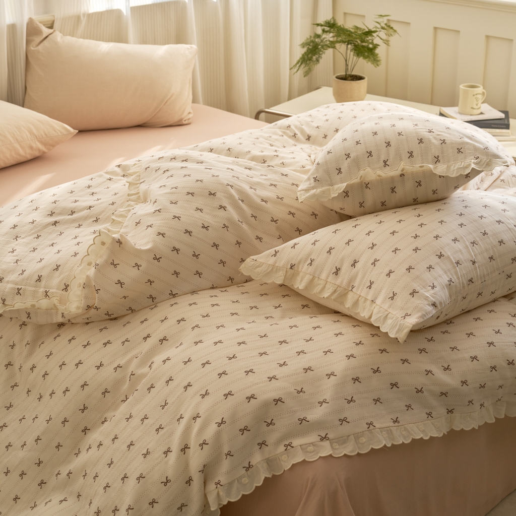 91家纺网 家纺一手货源 找家纺 洋铭区（原狠狠爱） 2025新款花边全棉双层纱四件套 拿铁蝴蝶结