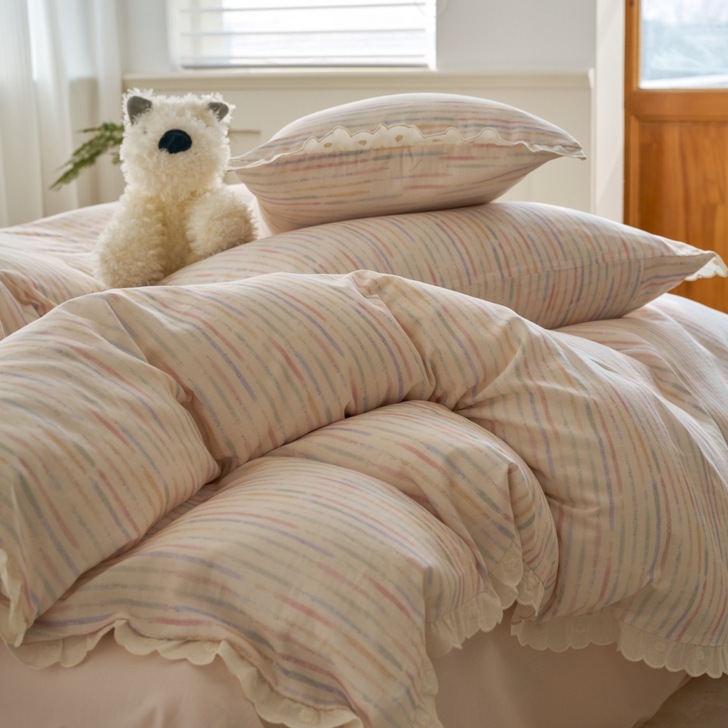 91家纺网 家纺一手货源 找家纺 洋铭区（原狠狠爱） 2025新款花边全棉双层纱四件套 缤纷彩虹